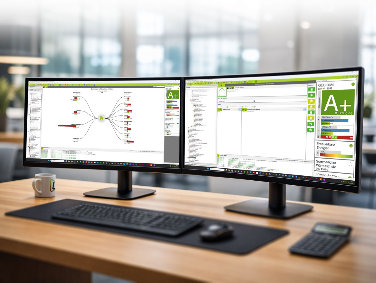 Schreibtisch mit Monitoren die eine Bilanzierung zeigen