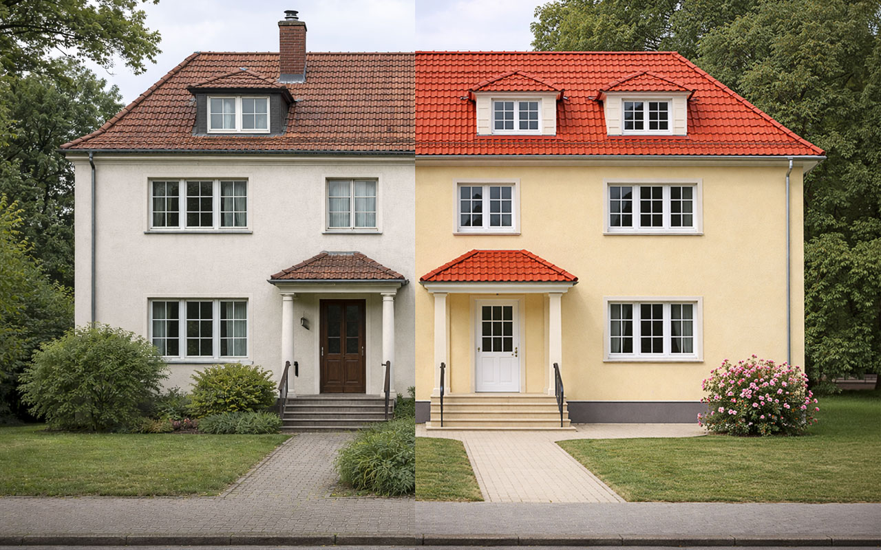 Das Bild zeigt ein Doppelhaus aus der 1. Hälfte des letzten Jahrhunderts, ein Teil ist energetisch saniert und wird von einer Wärmepumpe versorgt.