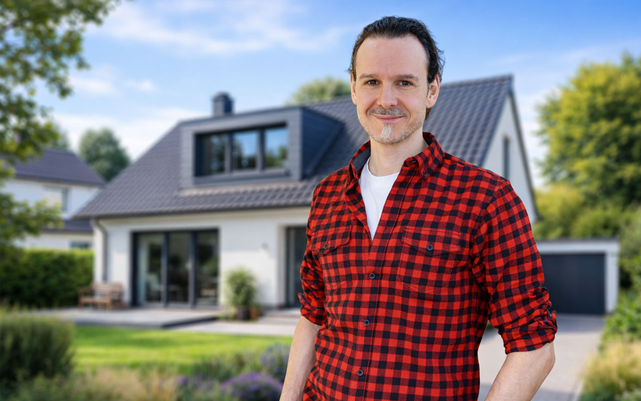 Portrait des Energieberaters vor einem Einfamilienhaus